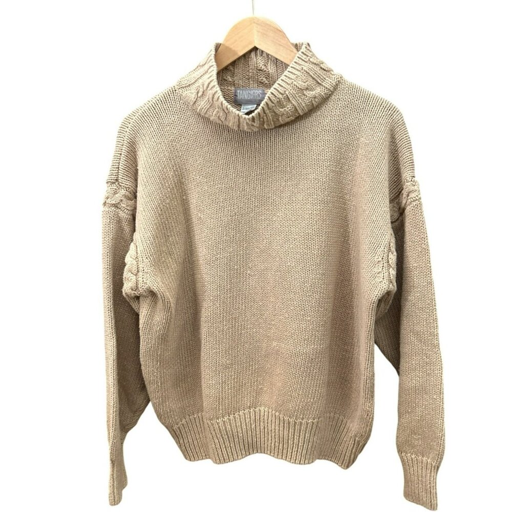 Vintage Tangiers Knit Sweater Beige Cable Knit Roll Neck Cozy Pullover Large